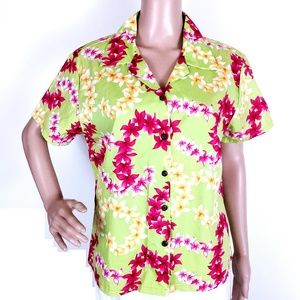 Pacific Legend Women Button Shirt Top Floral Aloha Size M - made in USA